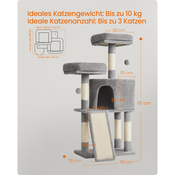 Дряпальня для котів Feandrea, кігтеточка з платформою, м'який плюш, сірий колір, 115 см, повністю обмотана сизалем, 50L x 35B x 115H см