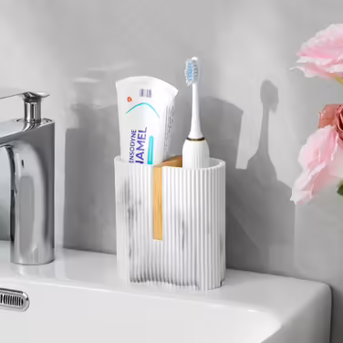 Rejomiik Toothbrush Holder, Electric Toothbrush Holder for Bathroom, Bamboo Toothbrush and Toothpaste Storage Organizer for Sink, Countertop, Marble White