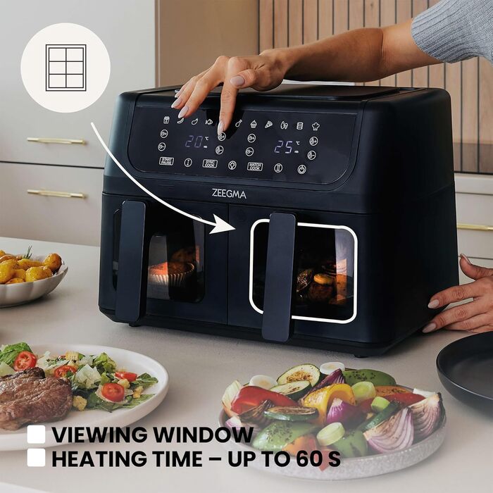 Фритюрниця з гарячим повітрям ZEEGMA KNAPPER DUAL, 1700 Вт, 2 відсіки, 9 л, таймер 60 хв, 11 програм, 60-200 °C, швидкий нагрів, сенсорне керування, чорний