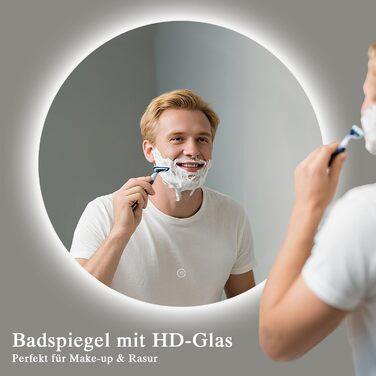Дзеркало для ванної кімнати з підсвічуванням LED, антизапотівання, сенсорне управління, регулювання яскравості, 3 кольори світла, функція пам'яті, захист від вибуху, кругле дзеркало 50 см (діаметр), 60x60 см (розміри)