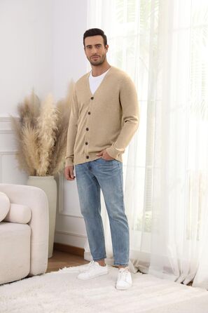 Чоловічий в'язаний кардиган вінтажного стилю з ґудзиками, з довгим рукавом, V-подібний виріз, легкий та теплий на осінь/зиму, бежевий, розмір M