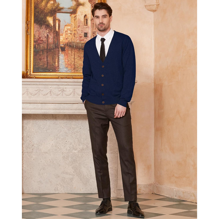 Чоловічий кардиган Kaspin з вовняної суміші, V-подібний виріз, ґудзики та кишені (темно-синій, S)