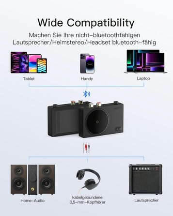 Inateck Bluetooth 5.1 Аудіо Адаптер-Приймач з RCA/3.5mm Кабелем, для Підключення до Аудіосистеми, Лаватера або Навушників, BR2001 (Тільки Приймач)