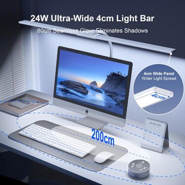 LED лампа настільна з регулюванням яскравості - 1500LM 24W, кріплення на прищіпці, з пультом дистанційного керування, 80см гнушкий шийка, USB-порт для зарядки, для офісу та дому (біле світло)