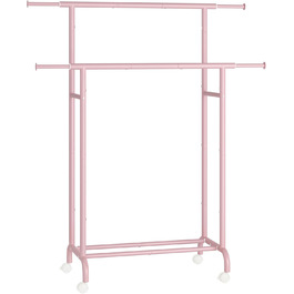 SONGMICS Clothes Rack with 2 Clothes Rods, Extendable Wardrobe Rail, with Wheels, Coat Rack, Height Adjustable between 113 and 180 cm, Lower Rod Adjustable, LLR401R01 (Pastel Pink, 120D x 50W x 156H cm)