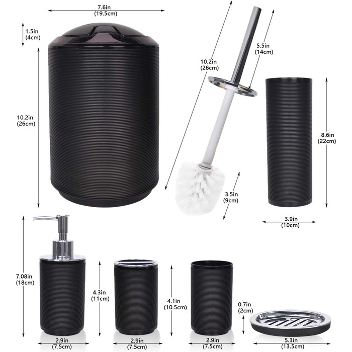 CERBIOR Набір аксесуарів для ванної кімнати, 6 шт., з дозатором мила, тримачем для зубних щіток, стаканчиком для щіток, мильницею для декоративної стільниці, подарунковий набір (Чорний)