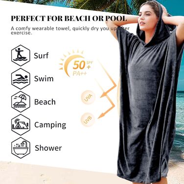 Surf Poncho Hooded Changing Towels Quick Dry Beach Change Robe for Adults Men Women Waterproof and Sandproof Bathrobe for Surfing Swimming Bathing Oversized Black
