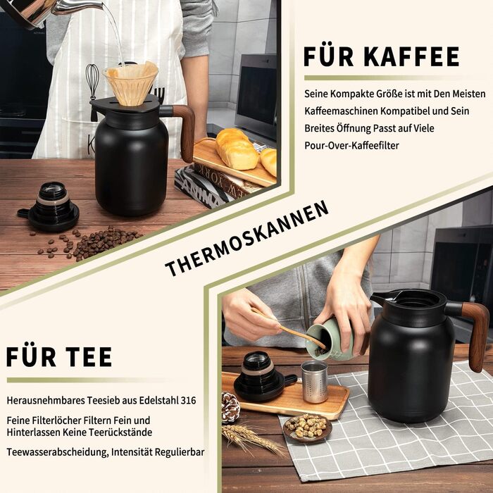 VETIN Thermos Flask with Tea Strainer 1.5L, Double-Walled 304 Stainless Steel Insulated Flask, Tea Pot Thermo with Temperature Indicator, Coffee Pot Thermo 10h Heat/16h Cold