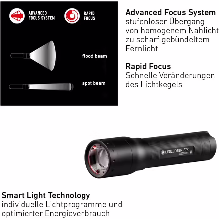 Ліхтарик Ledlenser P7R LED, акумуляторний, фокусування, 1000 люмен, 210 м, 40 годин, чорний