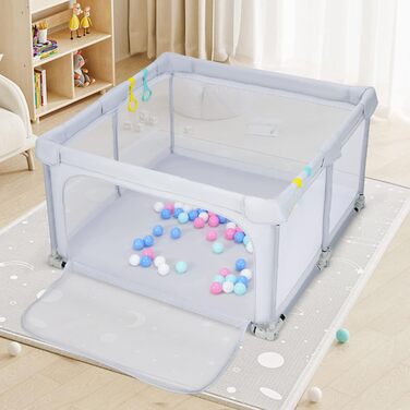 COSTWAY 124 x 124cm Baby Playpen, foldable, portable playard with 50 balls, 4 handles, locking function, crawling gate with net walls & door, playpen tent for infants & children (Light Grey)