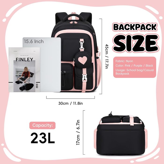 Шкільний рюкзак для дівчинки 1-5 клас, стильний рюкзак у школу та подорожі, з милим гаманцем (чорно-рожевий)