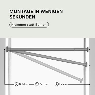 Штанга для карнизів без свердління, Ø 25 мм - телескопічна штанга для штори, душова штанга, кріпиться без свердління, для вікон, перегородок, кухні (70-120 см, 90-160 см, сіра)