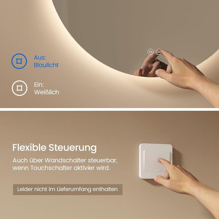 Дзеркало для ванної кімнати EMKE круглої форми з підсвічуванням 80 см - кругле дзеркало з 3 кольорами світла, регулюванням яскравості, сенсорним управлінням, функцією пам'яті та енергозбереженням. Розміри: 80 см x 80 см