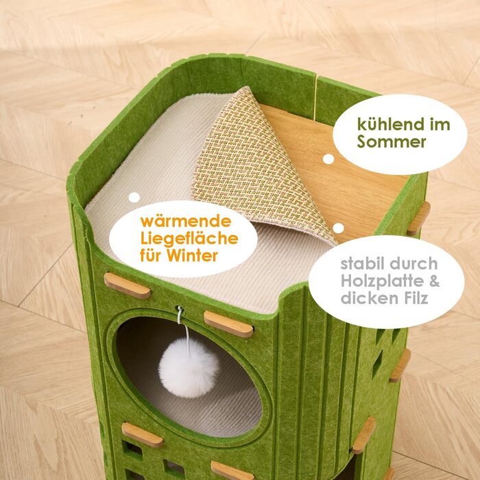 Котяча кігтеточка преміум-класу з 4 ярусами та 3 будиночками, філц, 90 см, зелена