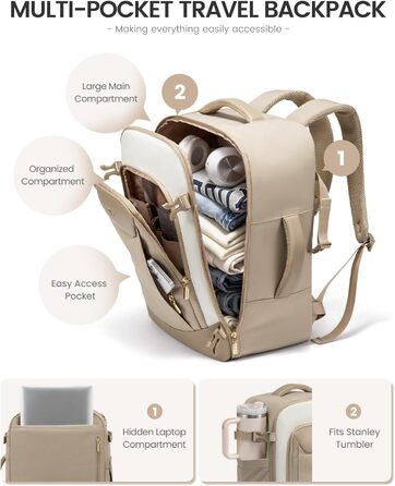 LOVEVOOK Рюкзак для ручної поклажі, 40L, для жінок, валіза-рюкзак з відділенням для ноутбука, водонепроникний, для подорожей, ділових поїздок, вихідних, Khaki-beige