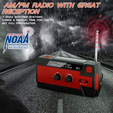 Сонячне радіо YIKANWEN: AM/FM, USB, ручне заряджання, 4000mAh, для кемпінгу та подорожей (червоне)