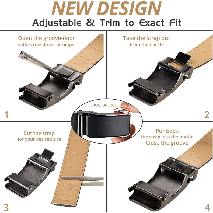Чоловічий шкіряний ремінь з пряжкою-рачею, великий та тонкий, регульований 110 см/28'-36' розмір, золота пряжка + чорний ремінь