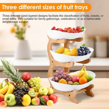 DEECOZY Трирівнева підставка для фруктів та овочів з бамбуком, біла. Організатор для зберігання фруктів, овочів та закусок