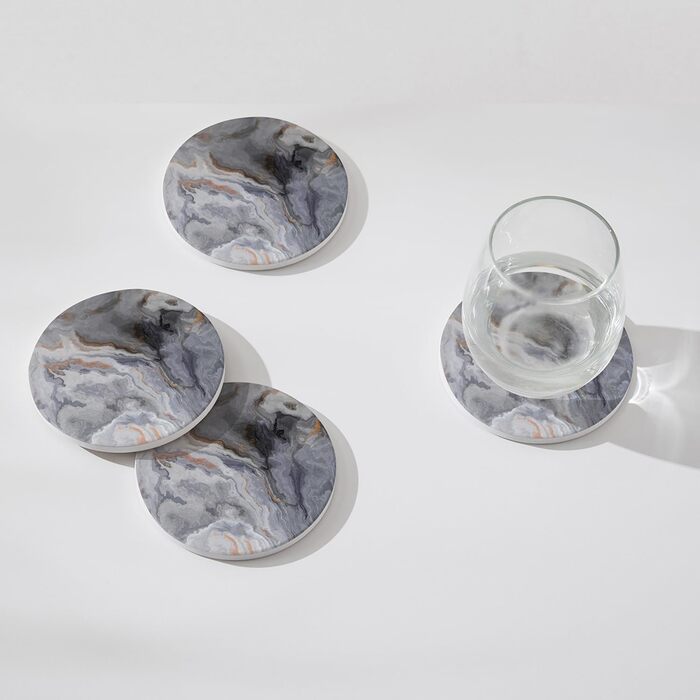 6-Piece Abstract Dark Blue Marble Coasters with Holder, Absorbent Ceramic Coasters for Drinks, Coasters with Cork Back for Table Protection, Housewarming Gifts