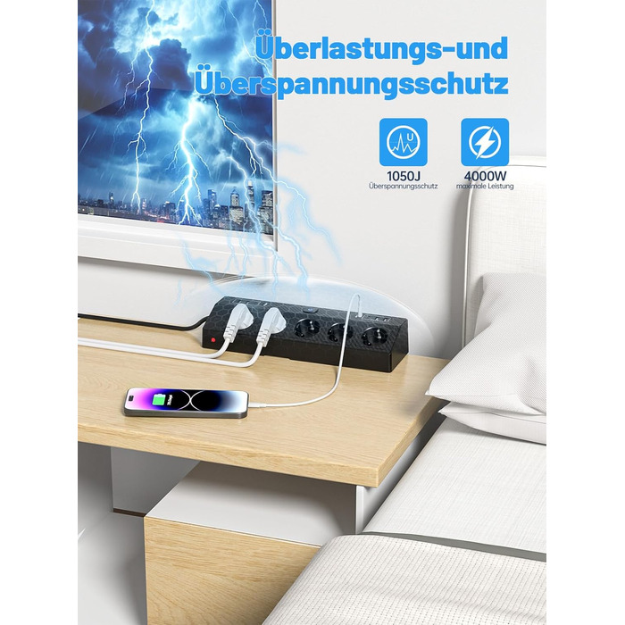 Мережевий фільтр PASSUS з 5 розетками, 2 USB-C (PD 30W), захист від перенапруги, індивідуальне вмикання, 10-в-1, з кабелем 2м, для офісу, чорний