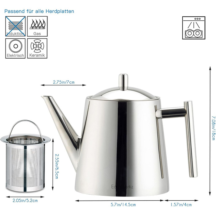 Easyworkz Teapot with infuser insert 1500ml Stainless Steel, Tea Maker for all fruits, herbs and infusion teas