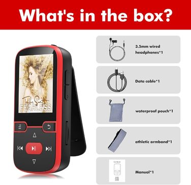 MP3 плеєр 64GB Bluetooth 5.3 з кліпсою, Hi-Fi, для спорту, з FM-радіо, диктофоном, крокоміром, підтримка картки до 128GB, червоний