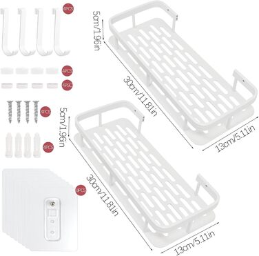Дзеркальна поличка для душу без свердління, 2 шт. Біла, з нержавіючої сталі, з 4 гачками та 8 клейких поверхонь. Підходить для ванної кімнати та кухні.