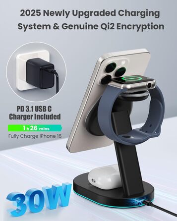 Бездротова зарядка 3-в-1 з MagSafe, USB-C та нічником для iPhone 16/15/14/13/12, Apple Watch та AirPods, A-Schwarz