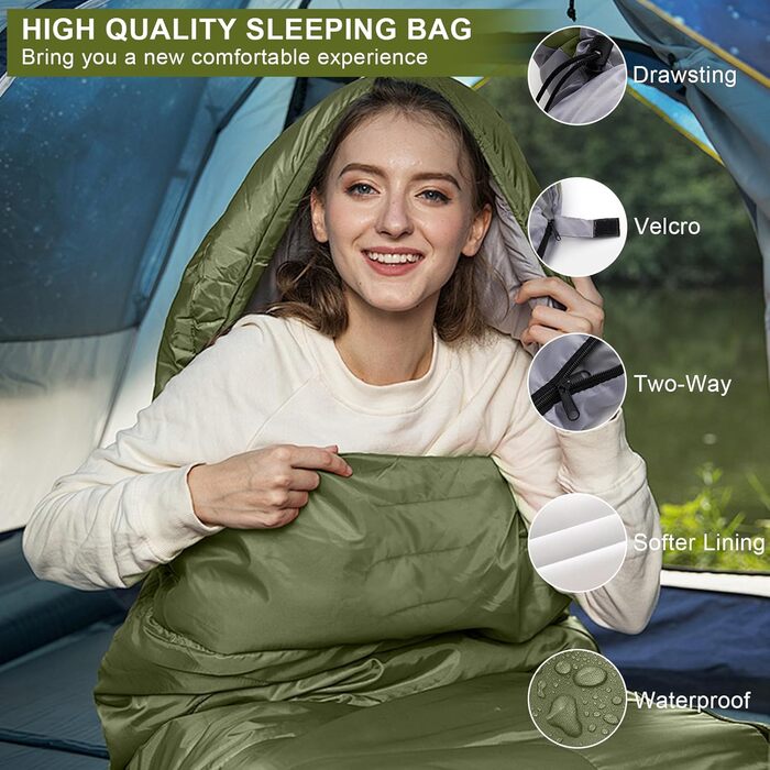 Зелений спальний мішок 220x85 см, водонепроникний, 3 сезони, 1.6 кг, для дому та відпочинку на природі