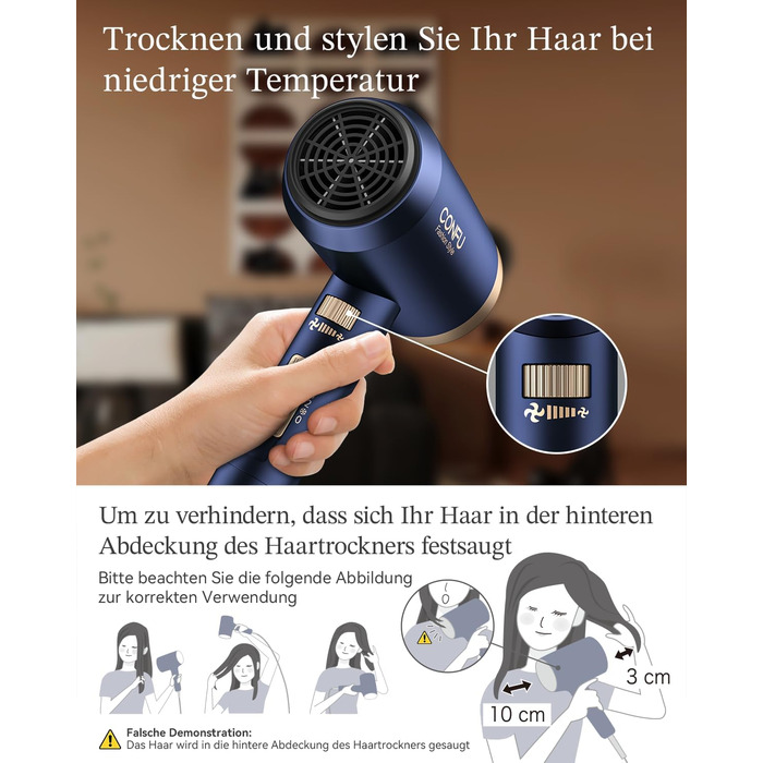 Іонізатор для волосся Föhn, 1800W, з насадкою-дифузором, 3 режими температури, безліч налаштувань швидкості, портативний фен, Marineblau (морський блакитний)