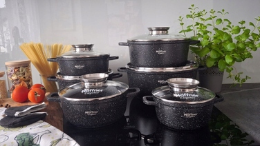 Набір каструль Hoffner, алюміній з мармуровим покриттям, чорний, 17 предметів