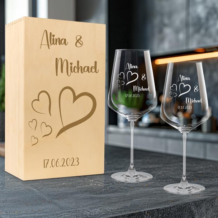 Leonardo Wine Glasses Set of 2 with Wooden Box and Engraving for Him & Her. Only Love Matters. Personalized with Name & Date. Heart-Shaped Glass Leonardo Puccini 560ml