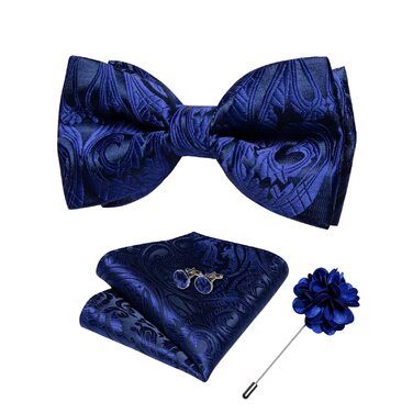 Метелик чоловічий DiBanGu Seide Paisley синій (королівський) з нагрудною хустинкою, шпилькою, запонками, готовий до весілля, вечірки, випускного