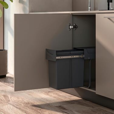 Відро для сміття кухонне Emuca з підвісною системою, 2 висувні контейнери по 20 л, загальний об'єм 40 л (2 x 20 л), сталь та пластик, антрацитовий колір