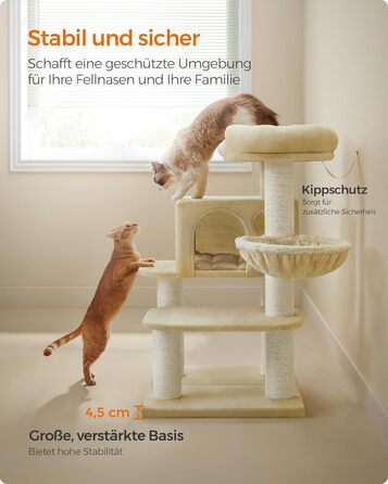 Feandrea Cat Tree for Large Cats, XXL, Heavy-Duty, Cat Tower with 6 Extra Thick Scratching Posts, Large Platform, Cave, Basket, Flexible Assembly, Detachable and Washable Cushions, Beige PCT01M
