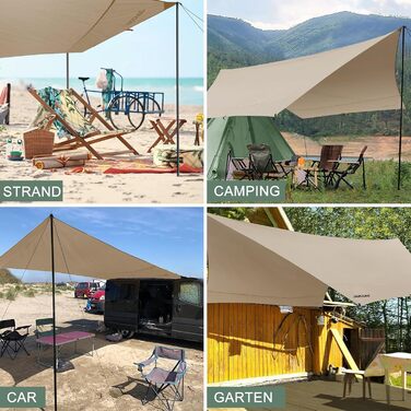 Водонепроникна тентова накидка Tarp 3.7 x 4.3 м з опорами, кільцями, шнуром, для кемпінгу, відпочинку на природі, захисту від сонця та дощу (Хакі)