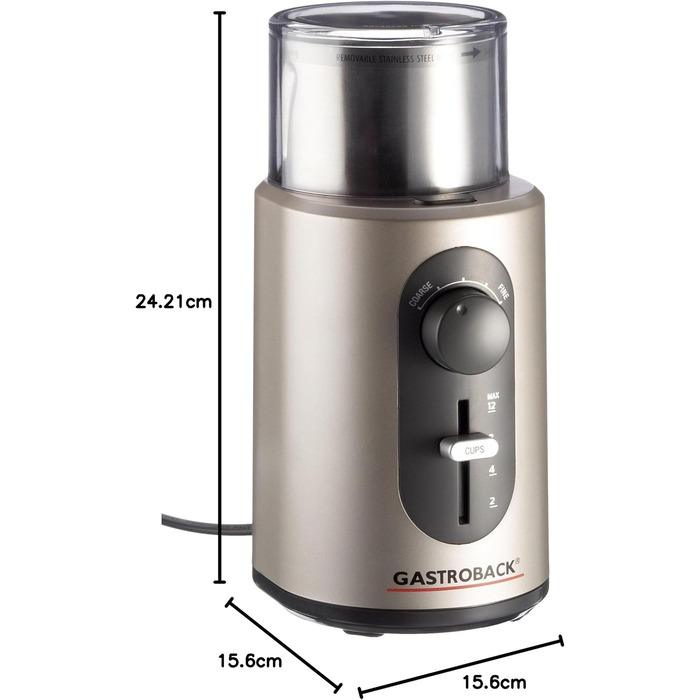 Кавомолка Gastroback 42601 Design Basic, нержавіюча сталь, 5 режимів помолу, для фільтр-кави та еспресо, сіра