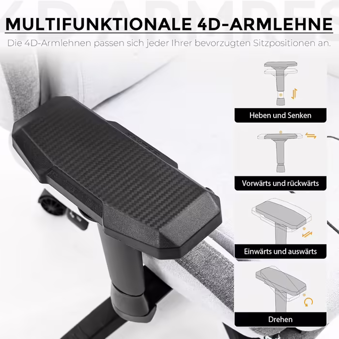 Ігрове крісло Dowinx з тканини XXL, ергономічне, з масажем, 4D підлокітники, підніжка, сіре, для ПК та офісу