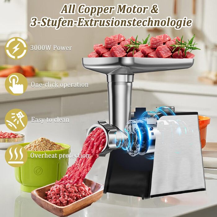 Електрична м'ясорубка з насадкою для ковбас, 3 в 1, нержавіюча сталь - професійна м'ясорубка та машина для ковбас з 3 насадками, 2 формами для фрикадельок, 2 лезами з нержавіючої сталі та 3 дисками для фаршу