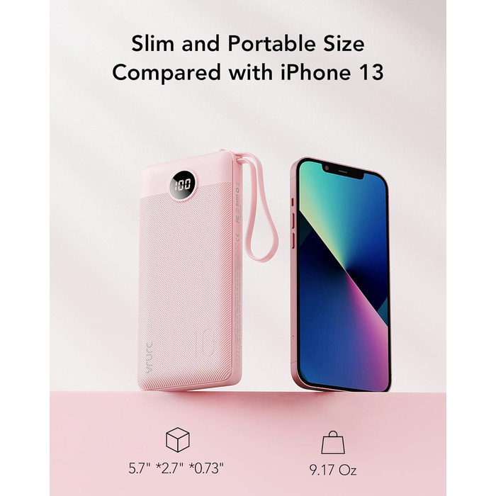 Powerbank VRURC 10000mAh з кабелем: портативний зарядний пристрій USB-C з LED дисплеєм та 5 виходами для iPhone, Huawei, Samsung та інших смартфонів - Рожевий