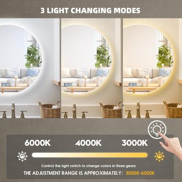 Дзеркало для ванної кімнати Viugreum з підсвічуванням 50x75 см, овальне LED дзеркало, регульована яскравість, 3 кольори світла, протитуманне покриття, годинник, сенсорна кнопка, LED дзеркало для ванної кімнати, вітальні (60 см кругле)