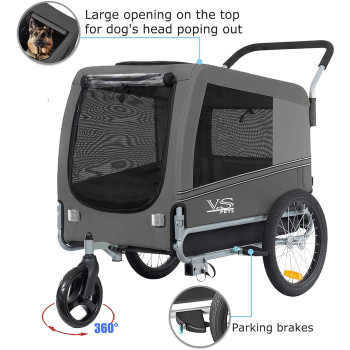 Візок для собак Tiggo VS Pets 2-в-1: візок та велопричіп, сірий, об'єм 270 л, до 35 кг