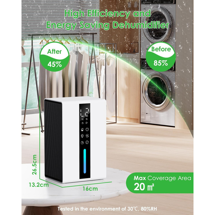 Електричний осушувач повітря 1.8L з антизаморожувальним захистом, 2 швидкості та 2 режими, таймер 48H, RGB підсвітка, для спальні, ванної кімнати та гуртожитку 1800 мл