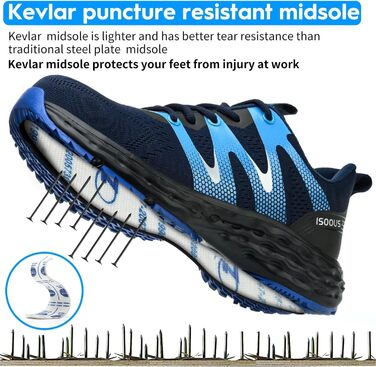 Черевики робочі ISOOUS для чоловіків та жінок. Безпекові черевики з металевим капаком, антиковзаючі, дихаючі, спортивного стилю (47 EU, Синій)