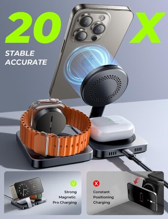 Зарядний станція 3-в-1 для Apple: Apple Watch, iPhone (Magsafe), AirPods. Підтримка iPhone 16 Pro Max, 15, 14, 13, 12