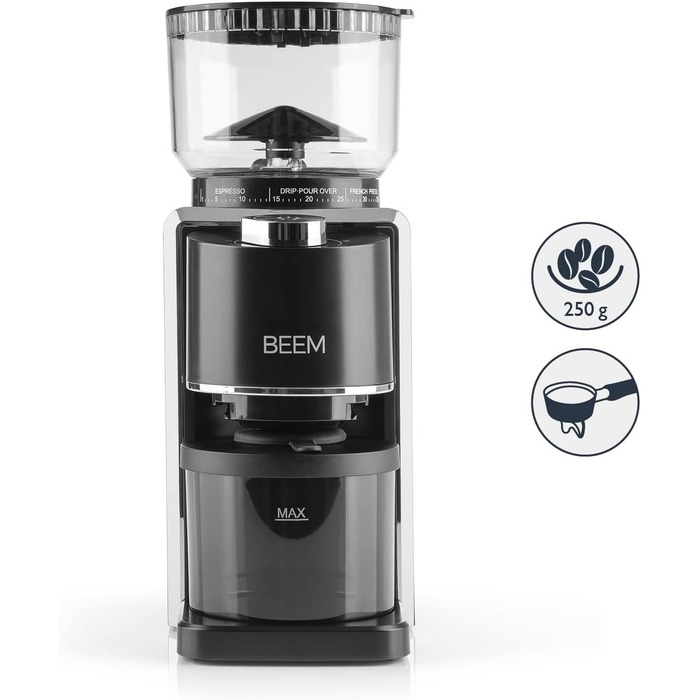BEEM GRIND-PERFECT: Електрична кавомолка з керамічним жорном, 250г, 35 ступенів помолу, дозування, Ø 52-58 мм | Для еспресо
