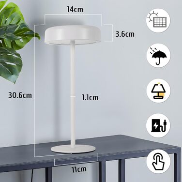 Настільна лампа на сонячній батареї з акумулятором LED, 2 шт. - Бездротова, з димером, сенсорна, біла, для дому та вулиці (IP44)