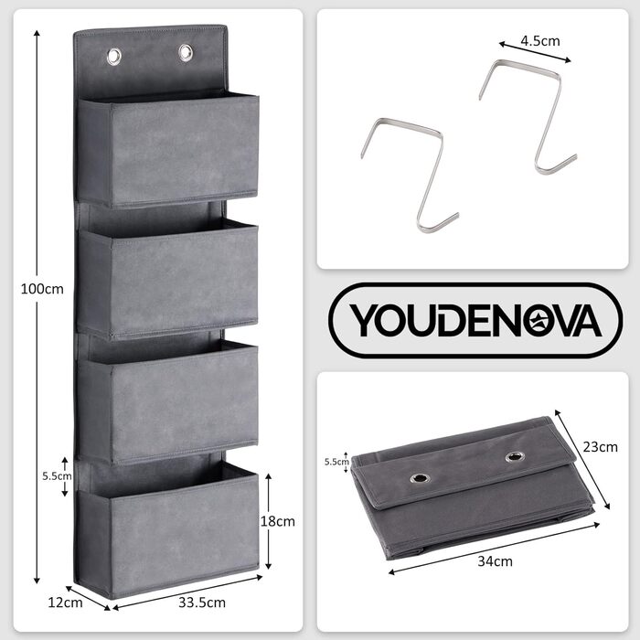 Органайзер для дверей Youdenova з 4 кишенями та 2 гачками, підвісний органайзер для ванної, спальні, дитячої кімнати (сірий)