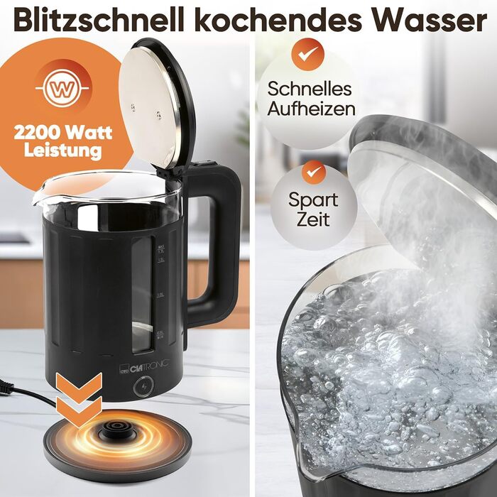 Електричний чайник Clatronic WK 3837: 1,7 л, скло, BPA Free, з підсвічуванням, для дому