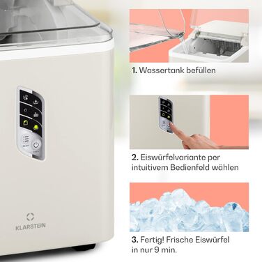 Klarstein Ice Cube Machine Small, Fast Ice Cube Maker, Self-Cleaning Ice Cube Maker, Ice Cube Device for Large and Small Ice Cubes, with Ice Cube Container, 12kg/24h, Capacity 1.5 L (Creme)